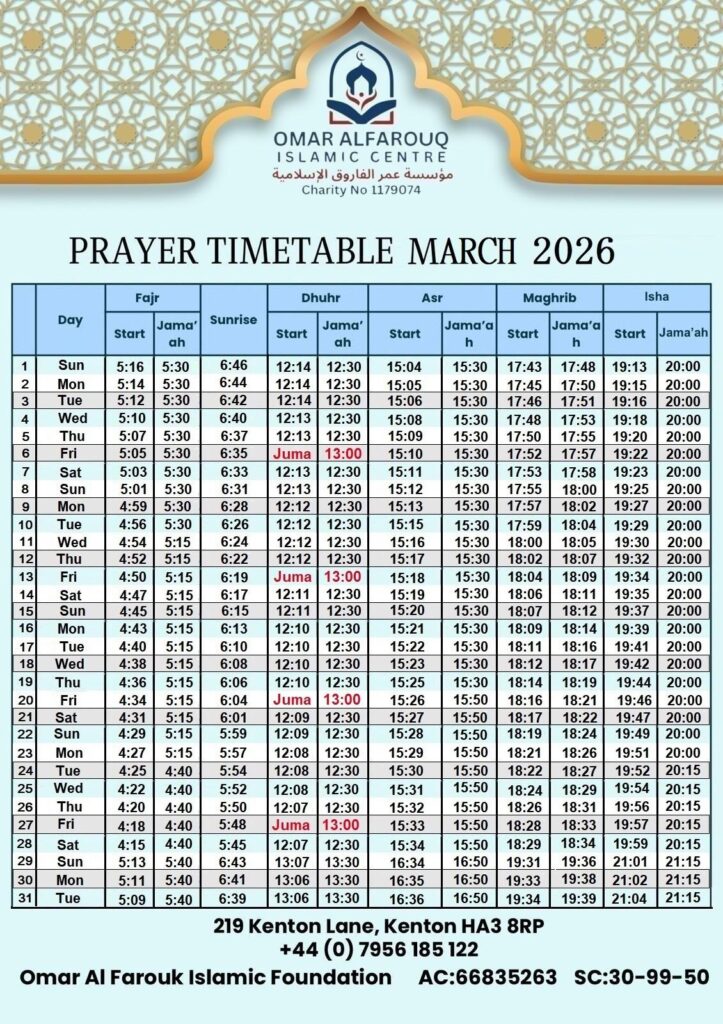 Prayer Times Mars 2026